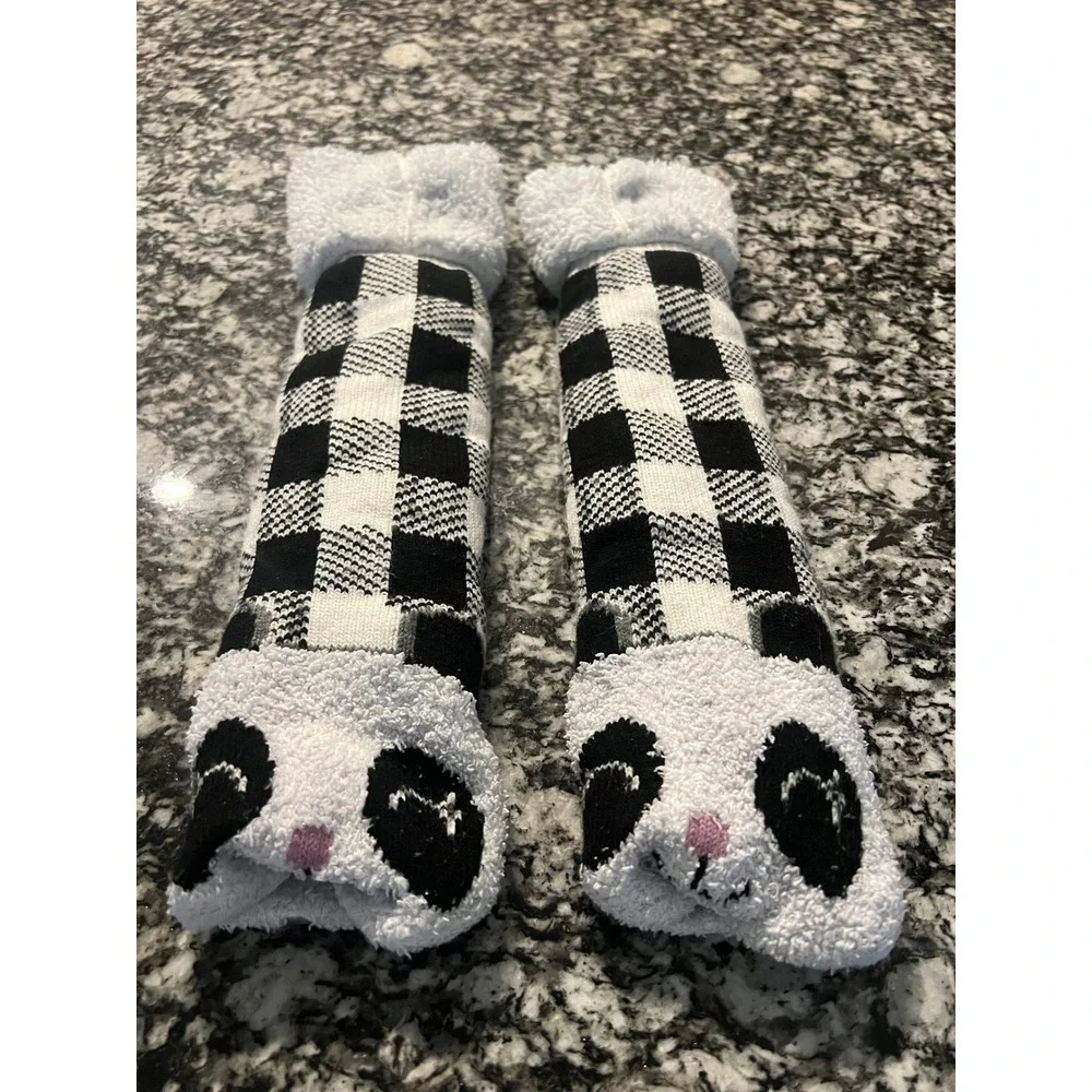 Panda Bear Buffalo Plaid Sherpa Lined Non-Slip Slipper Socks Black White
